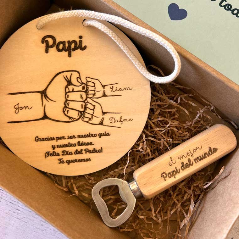 caja dia del padre, caja regalo para papa con placa madera y abridor personalizado