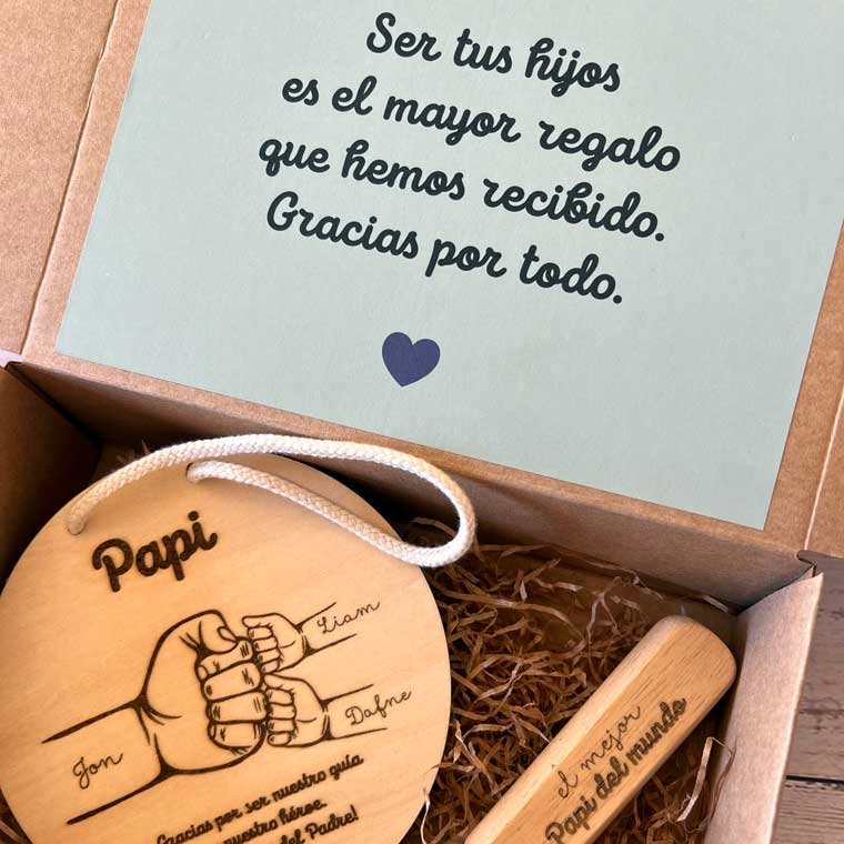 caja regalo dia del padre con frase personalizada placa madera y abridor para papa
