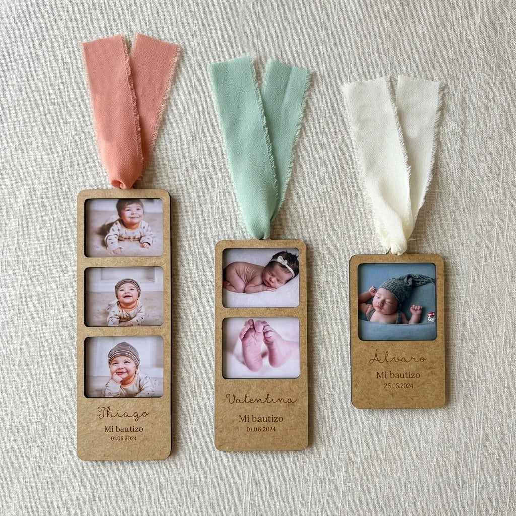 Marcapáginas bautizo personalizado con foto y nombre grabado — Detalle para invitados