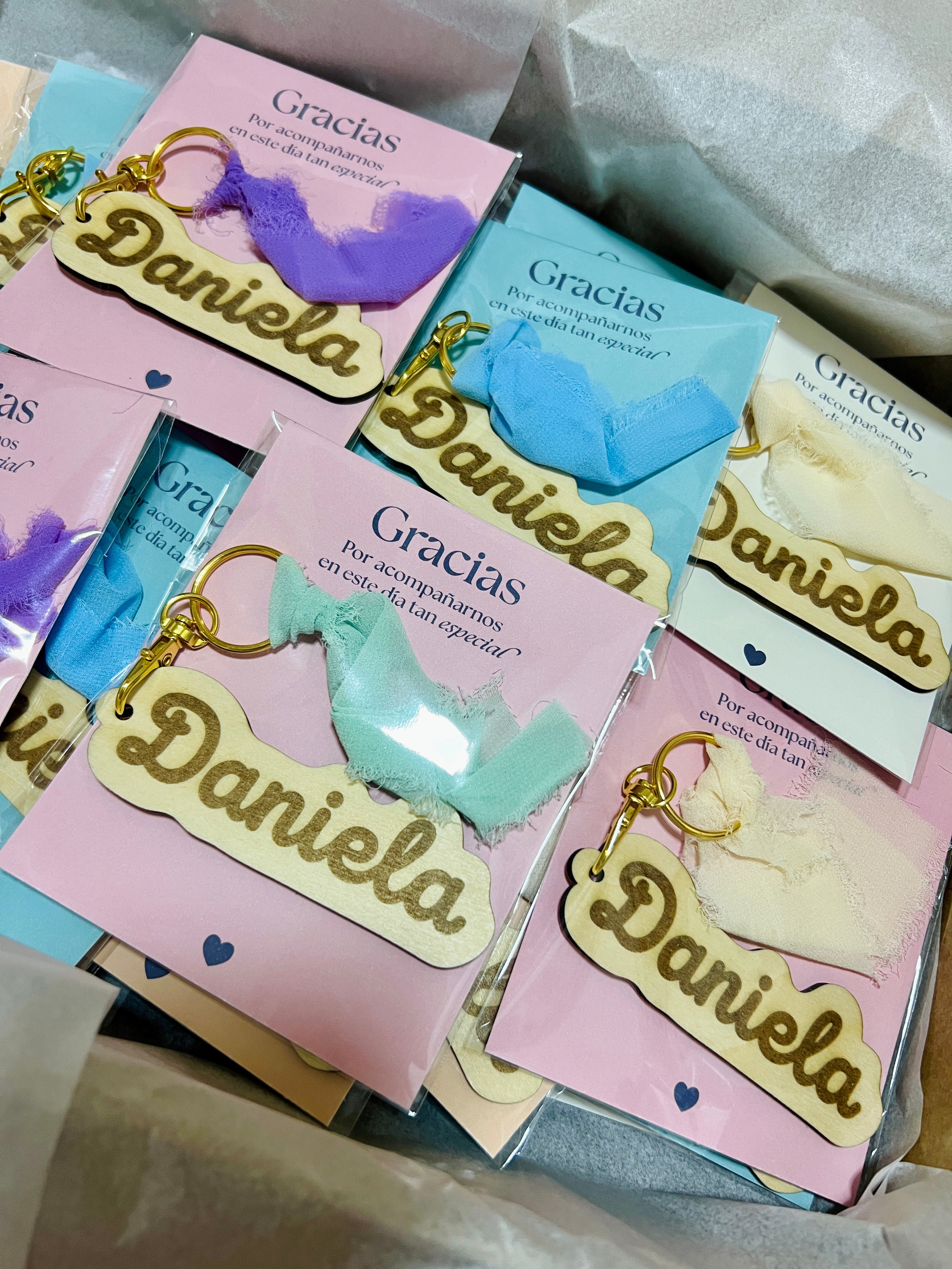 Packaging individual llavero personalizado tarjeta agradecimiento bautizo comunion