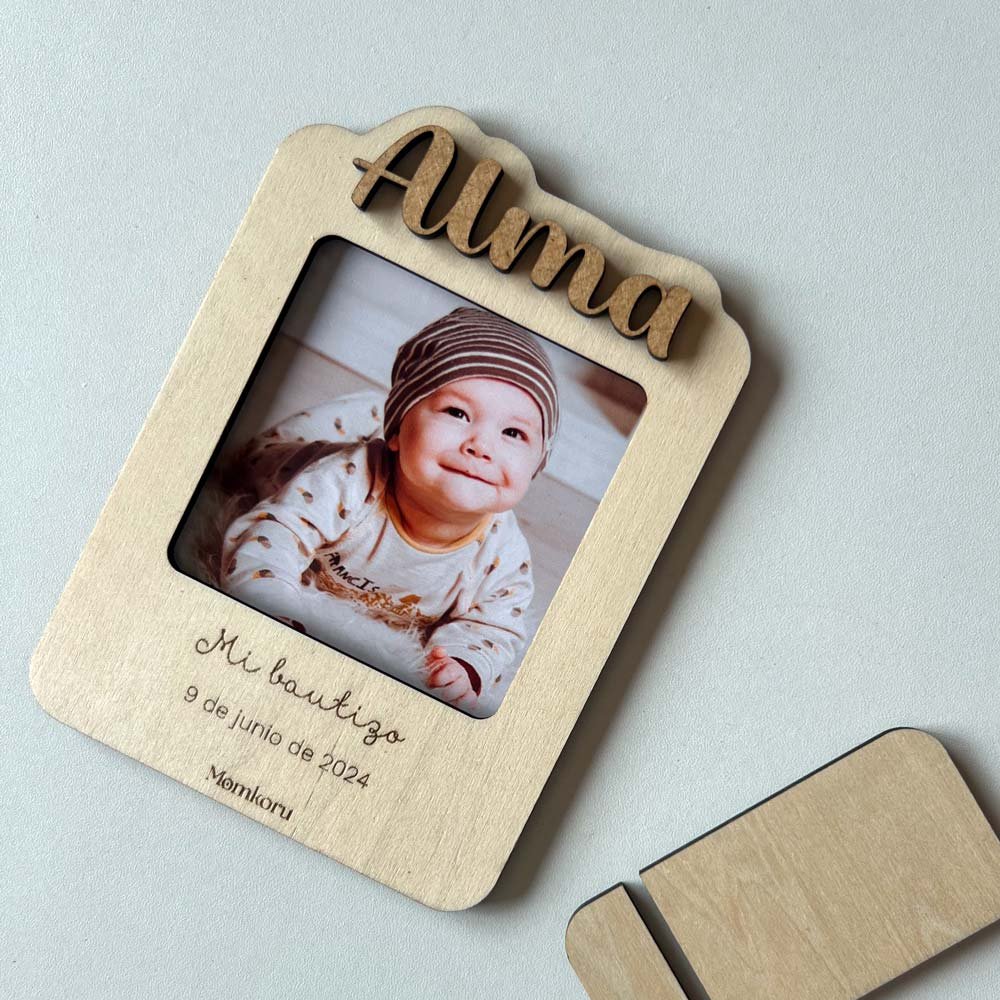 portafotos bautizo relieve personalizado con nombre y foto madera