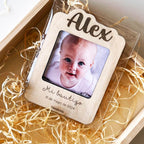 recuerdo bautizo personalizado portafotos madera con nombre y fecha