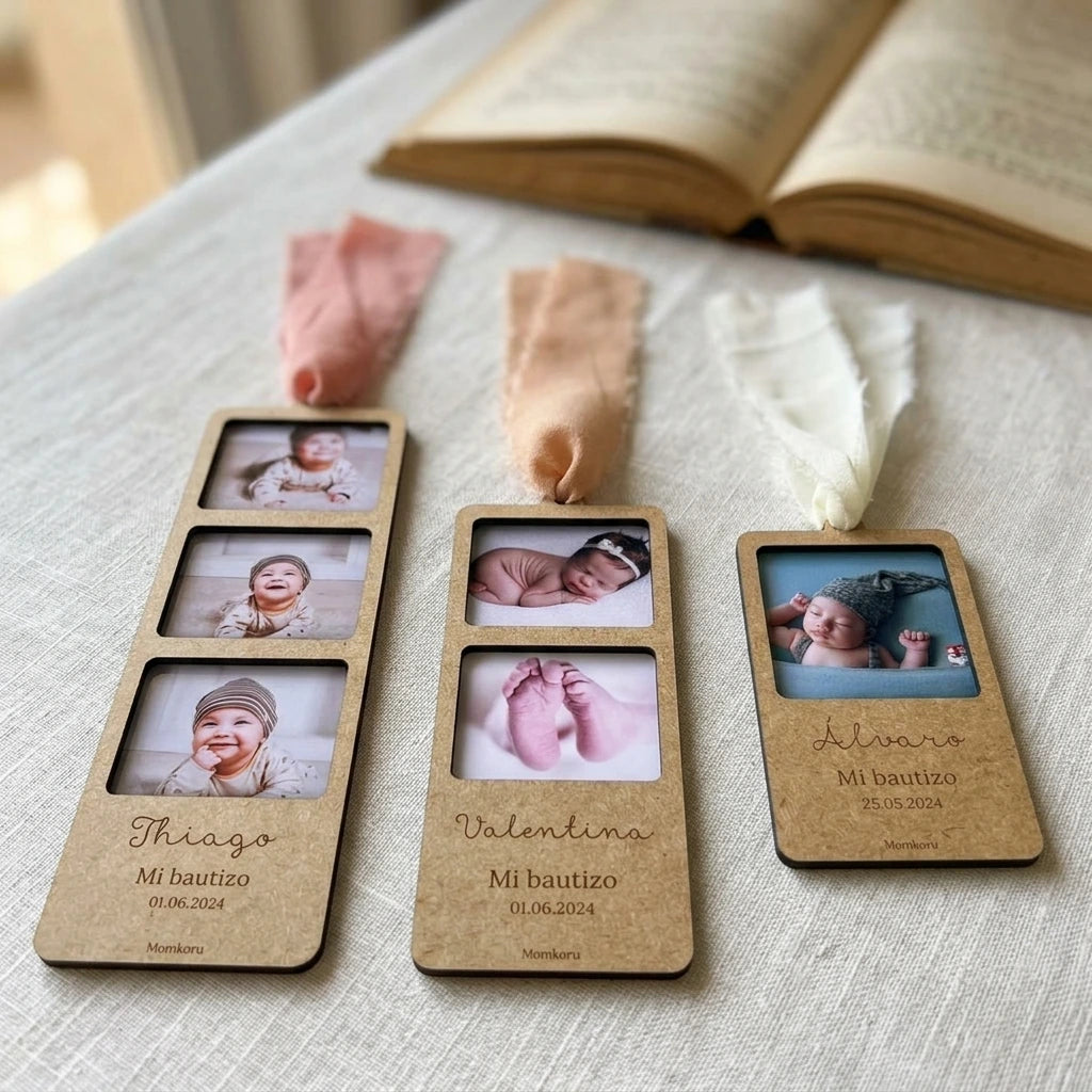 Marcapáginas bautizo personalizado con foto y nombre grabado — Detalle para invitados
