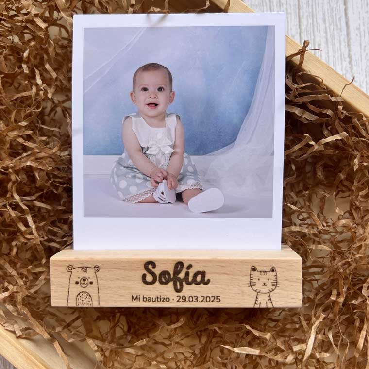 recuerdo bautizo polaroid, soporte madera para invitados