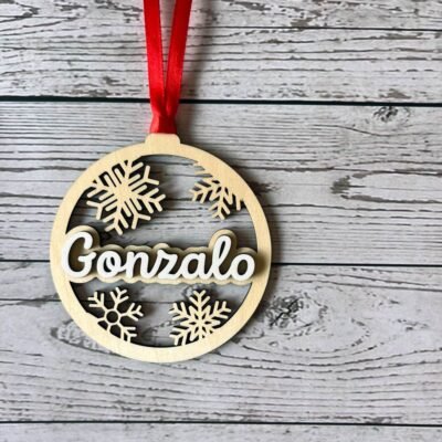 bola navidad personalizada nombre gonzalo con copos de nieve, adorno navidad personalizado